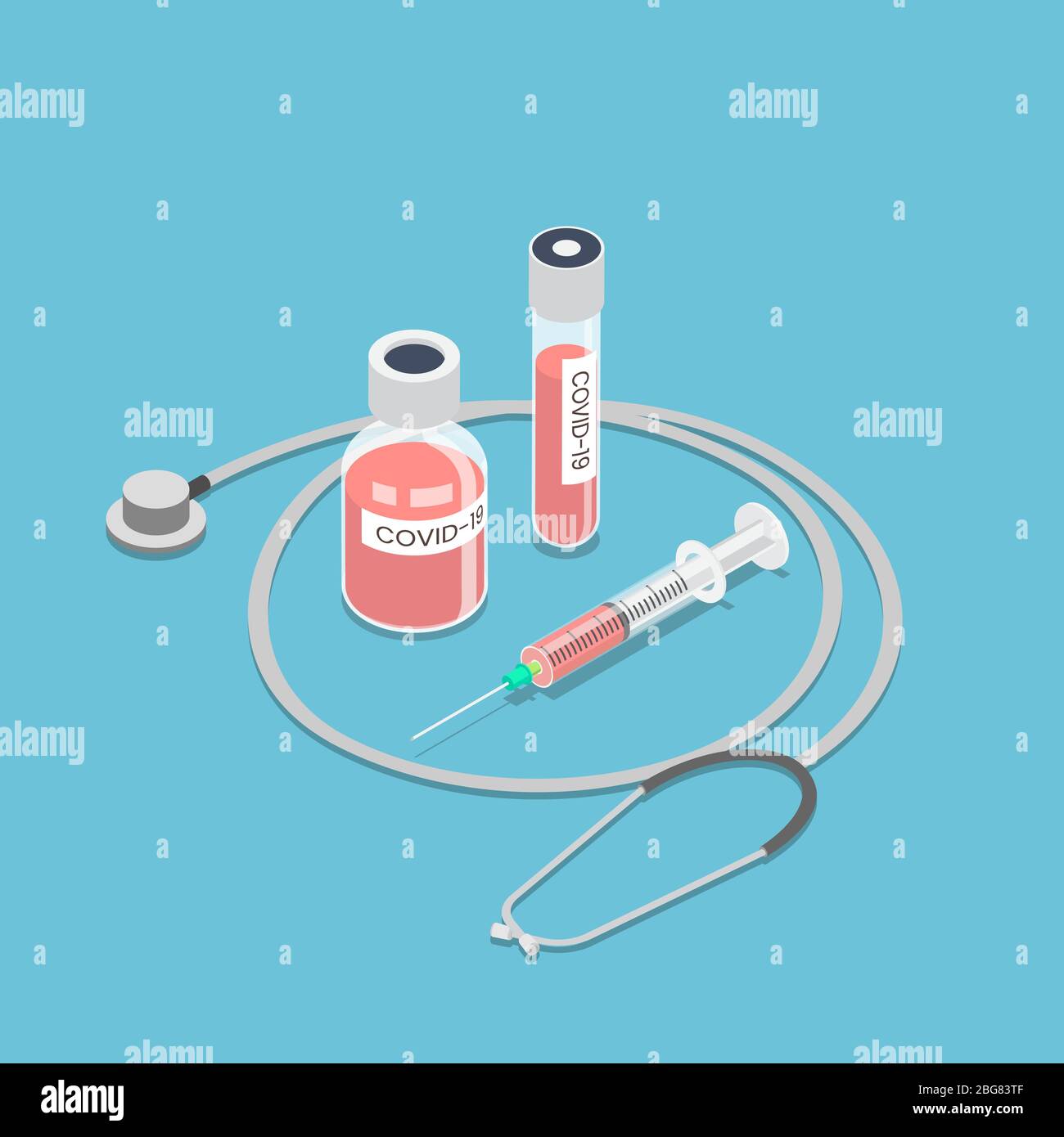 COVID-19 isométrique plat en 3 dimensions ou coronavirus dans le vaccin à tube sous vide avec stéthoscope et seringue. Concept de vaccin contre le Covid-19 ou le coronavirus. Illustration de Vecteur