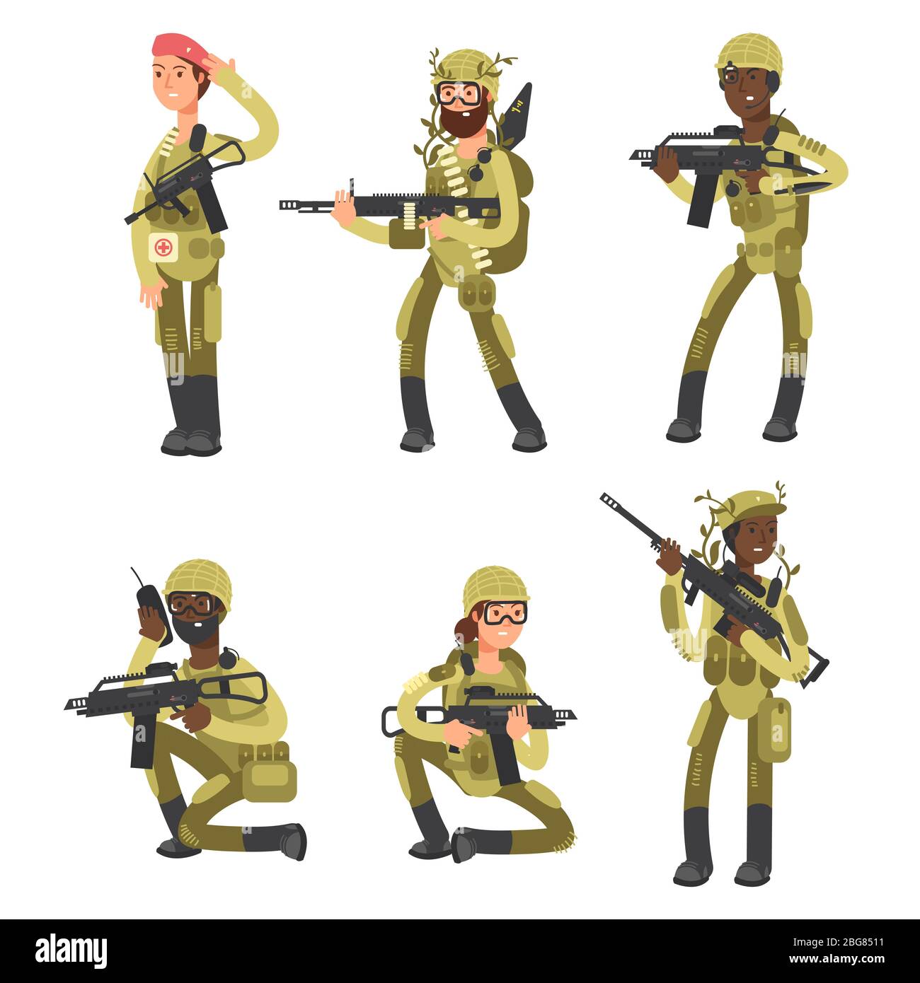 Soldats de l'armée internationale. Des personnages de caricature isolés sur fond blanc sont des militaires. Illustration vectorielle Illustration de Vecteur