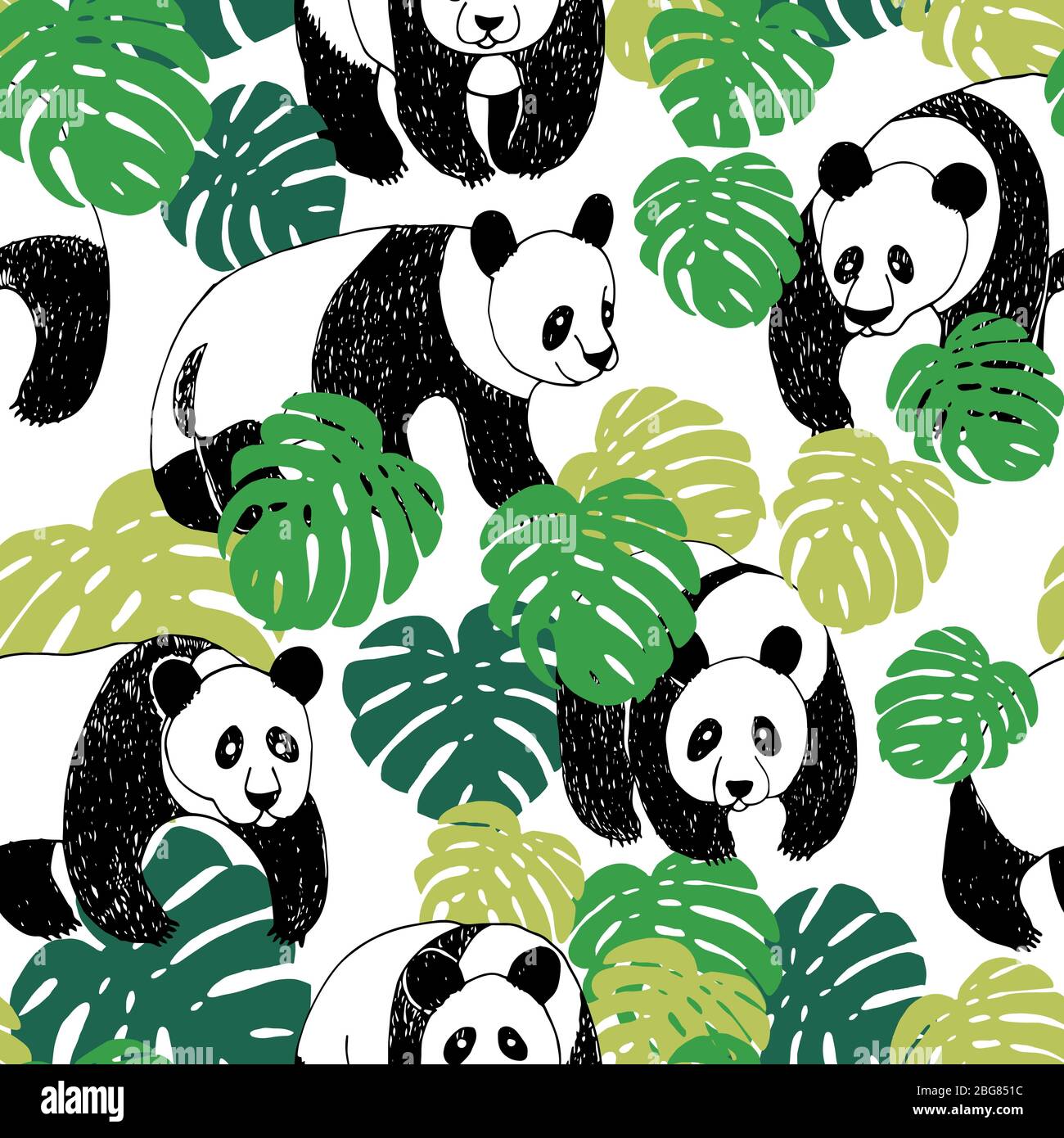 Motif Panda transparent dans le style d'esquisse. Dessin à la main panda illustration de modèle avec des feuilles de monstera, vecteur. Mignon caricature animal sauvage. Enfants Illustration de Vecteur