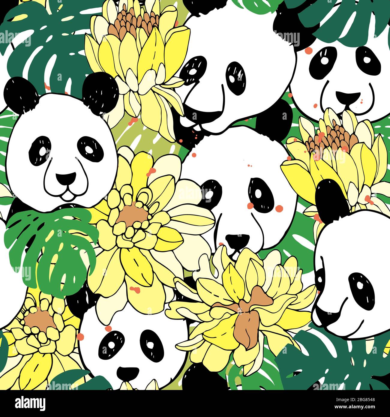 Motif Panda transparent dans le style d'esquisse. Dessin à la main panda illustration de modèle avec des fleurs luxuriantes, vecteur. Mignon caricature animal sauvage. Arrière-plan des enfants Illustration de Vecteur