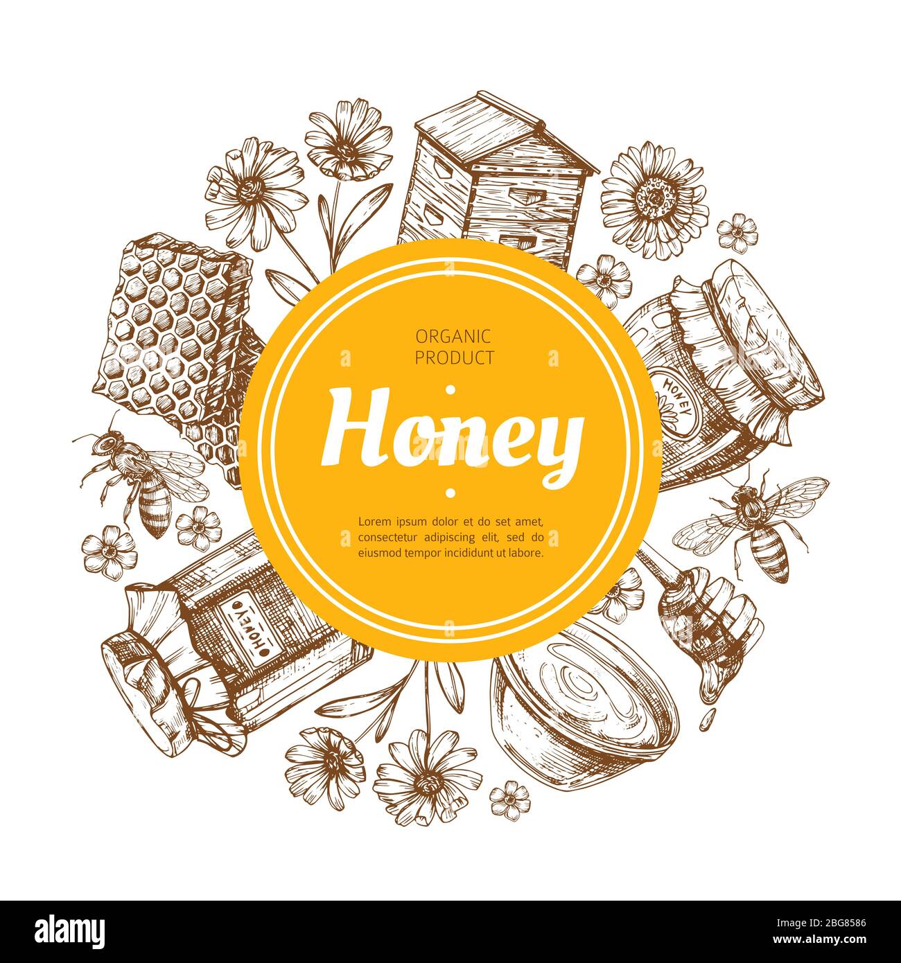 Étiquette miel. Badge miel naturel de ferme avec abeille et nid d'abeilles. Illustration vectorielle dessinée à la main vintage. Badge dessert miel, alimentation fraîche et savoureuse Illustration de Vecteur