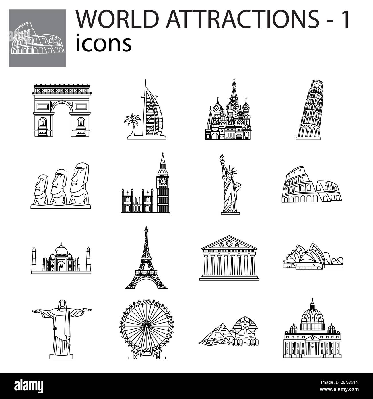 Les icônes des lignes vectorielles des attractions du monde entier définissent, affichent, symboles Illustration de Vecteur