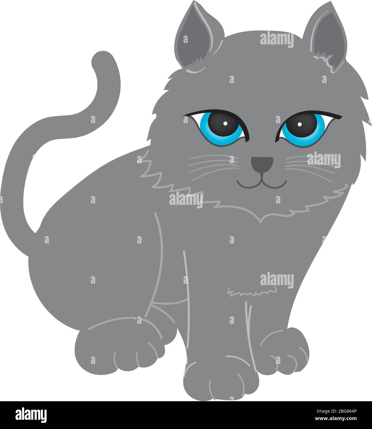 Clipart d'illustration Cat. Un chat gris à queue longue assis. Face droite et il a de grands yeux bleus. Il est sur un sol blanc. Dessin à la main art. Illustration de Vecteur