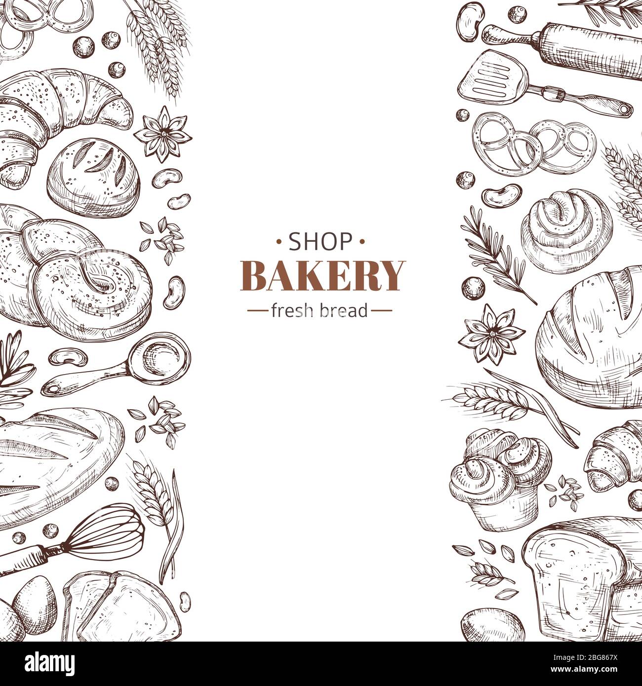 Fond rétro vectoriel de boulangerie avec pain doodle dessiné à la main. Illustration boulangerie et pain, affiche de dessin vintage Illustration de Vecteur