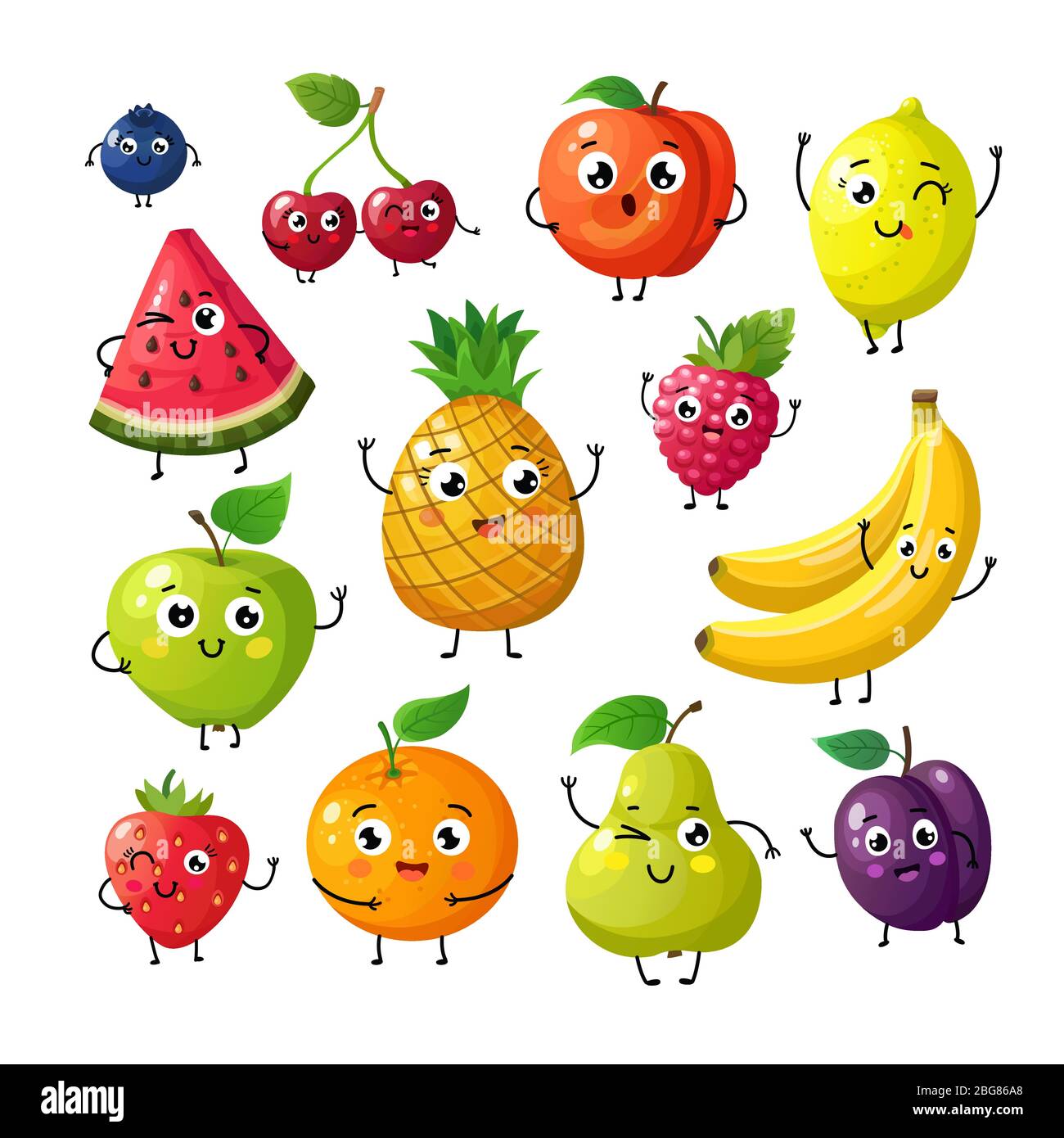 Dessin animé fruits drôles. Heureux kiwi banane framboise orange cerise avec le visage. Les caractères vectoriels des fruits et des baies d'été sont isolés sur le blanc. Kiwi aux fruits et banane, illustration orange et fraise Illustration de Vecteur