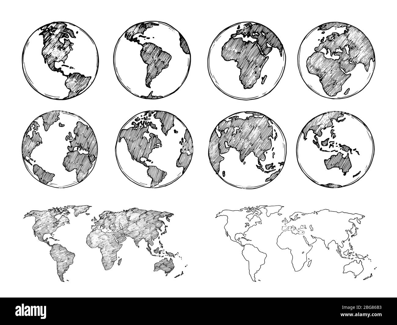 Esquisse globe. Planète terrestre dessinée à la main avec continents et océans. Illustration vectorielle de la carte du monde de Doodle. Carte planet et mondiale avec océan et lan Illustration de Vecteur