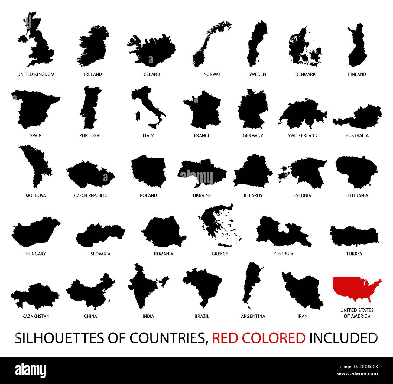 Silhouettes de pays d'Europe et d'Amérique en noir et rouge isolées sur blanc. Illustration de Vecteur