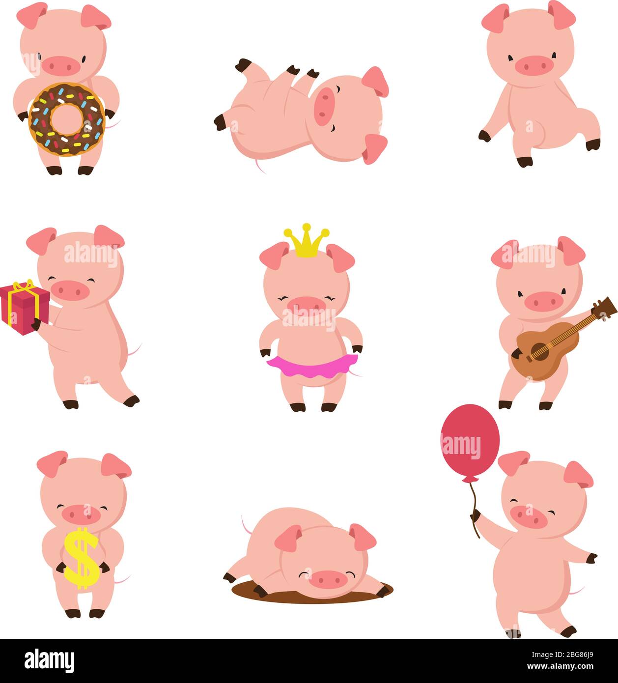 Kawaïi cochons. Cochon de bébé drôle dans la boue, la piggy manger et courir. Personnage vectoriel de porc de bande dessinée. Illustration de porc adorable, drôle de porc dans la flaque Illustration de Vecteur