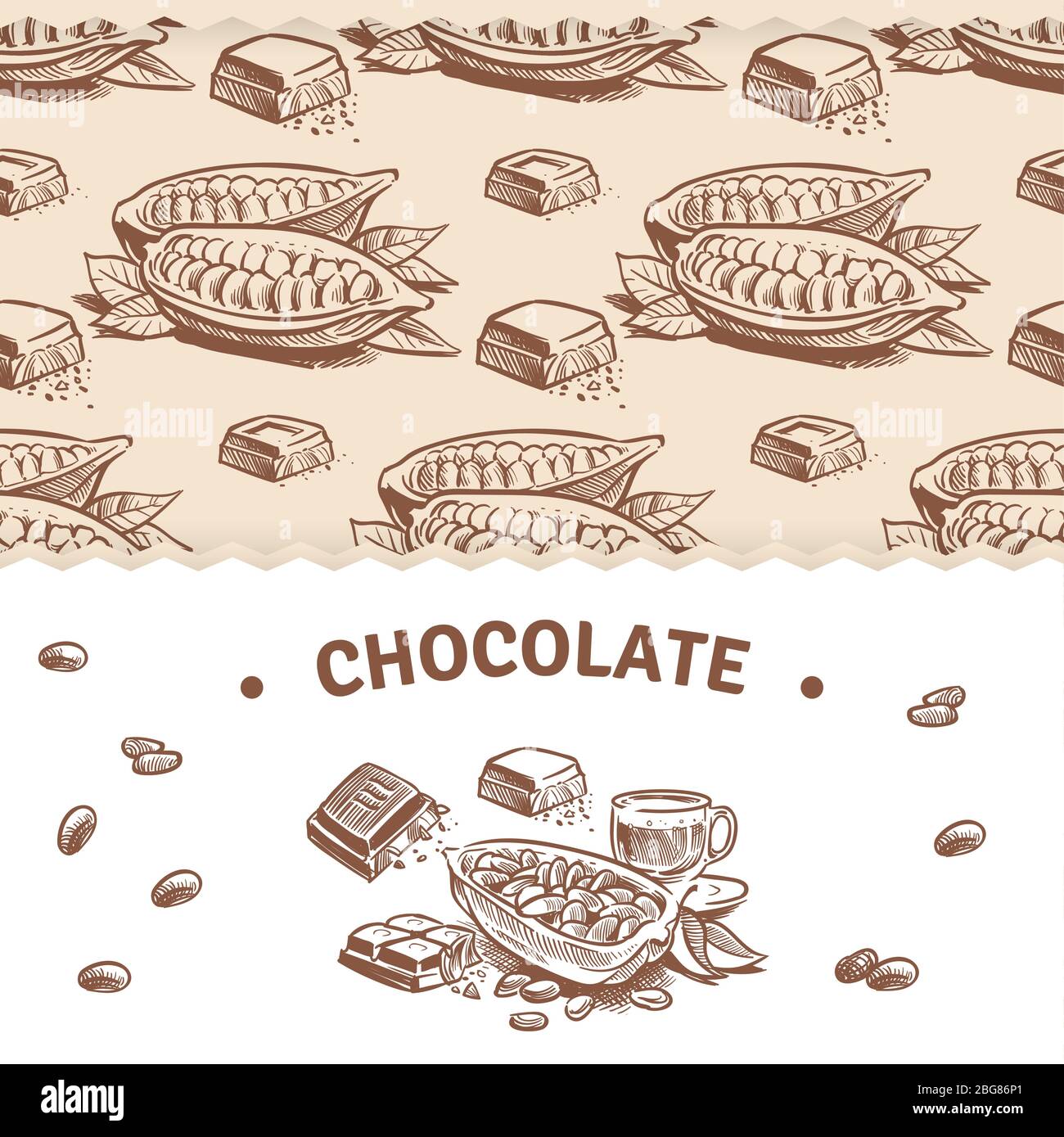 Modèle de bannière au chocolat avec motif doux sans couture et haricots de cacao esquissés et barres de chocolat. Illustration vectorielle Illustration de Vecteur