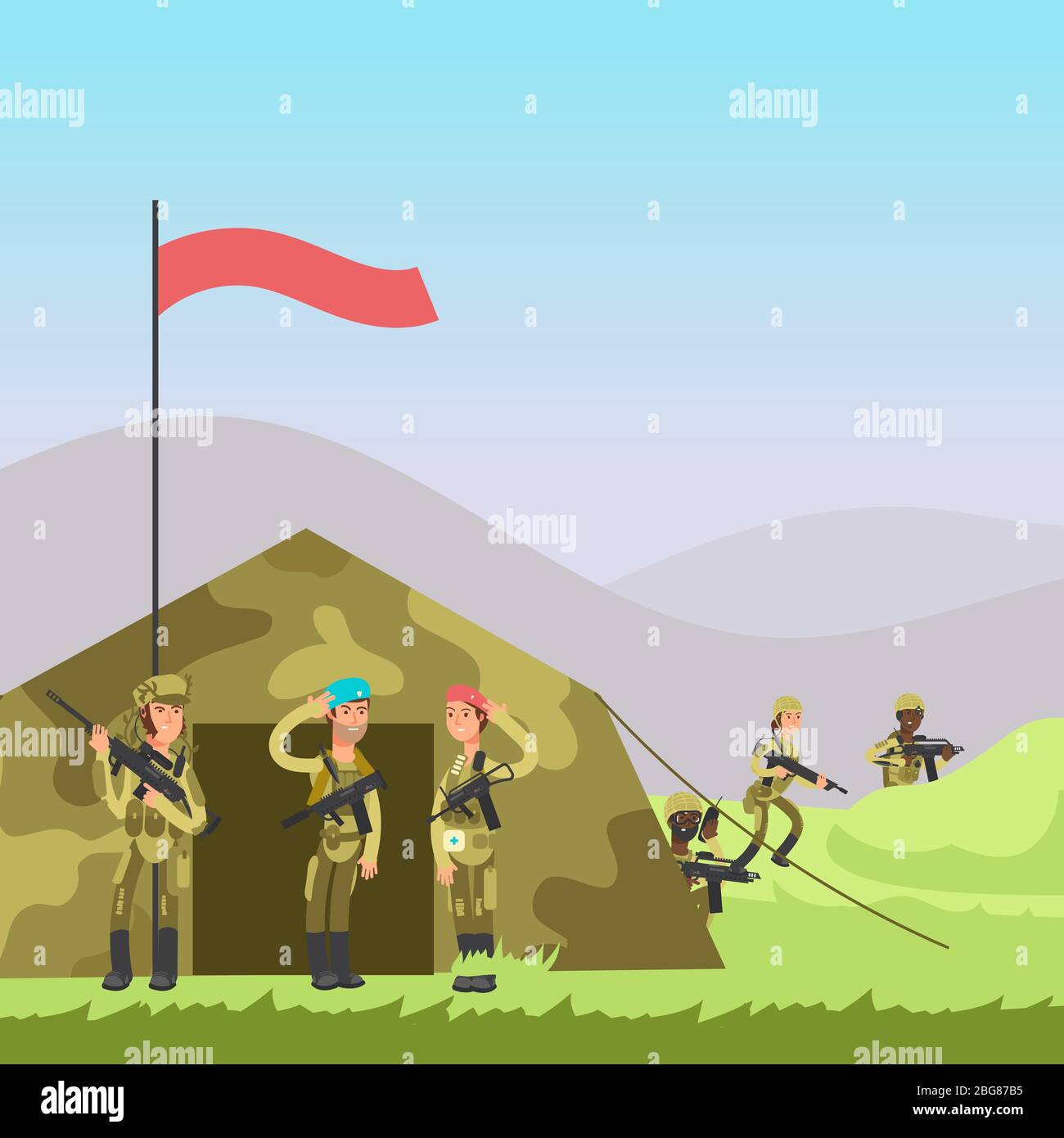 Illustration vectorielle d'entraînement de soldats militaires. Des soldats de dessin animé, tente sur le paysage Illustration de Vecteur