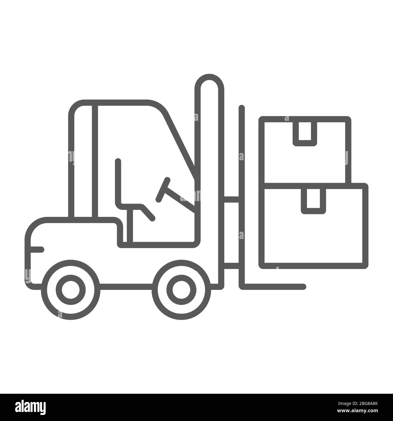 Icône de ligne mince du chariot élévateur, logistique et livraison, chariot bendi avec boîtes de signalisation graphiques vectoriels, icône linéaire sur un fond blanc, eps 10. Illustration de Vecteur