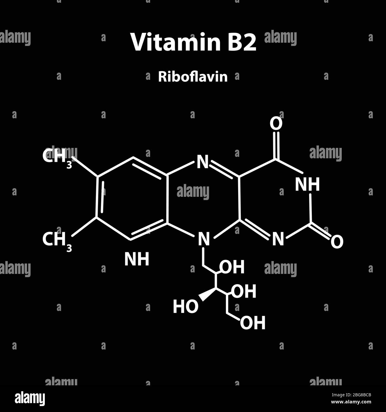 Vitamine B2. Riboflavine formule chimique moléculaire. Infographies. Illustration vectorielle sur fond noir. Illustration de Vecteur