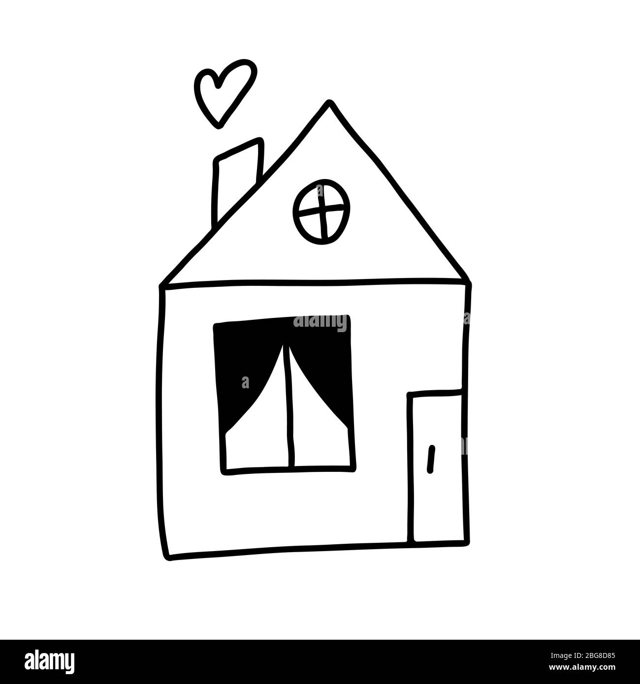 Joli dessin main doodle icône simple de maison avec porte, fenêtre, toit et cheminée, où est le coeur au lieu de fumée. Isolé sur fond blanc Illustration de Vecteur