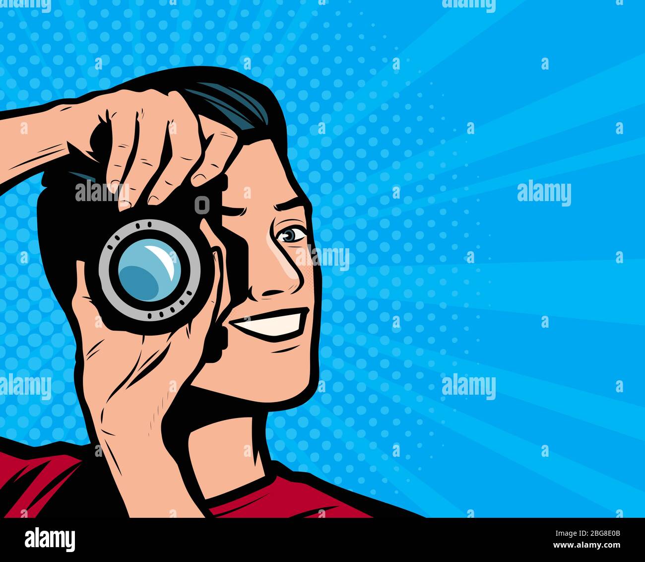 Homme heureux avec appareil photo. Illustration vectorielle rétro dessinée pop art photographe Illustration de Vecteur