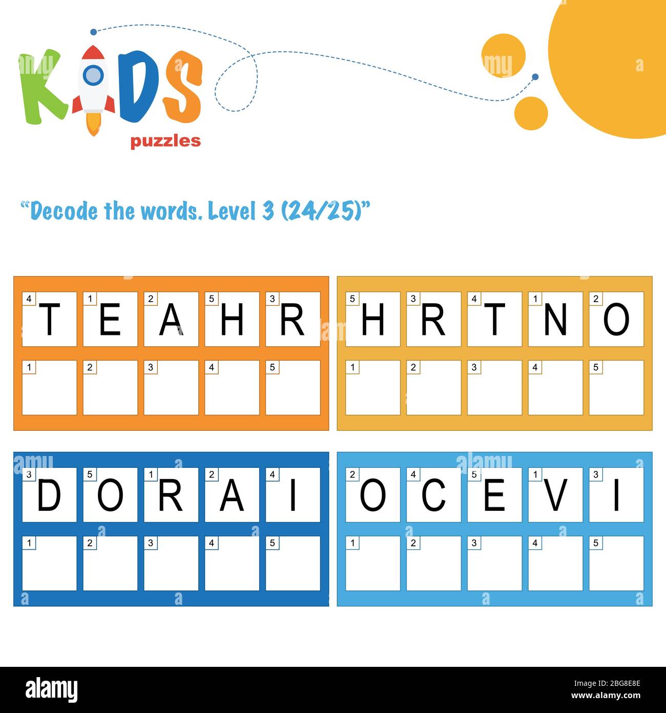 Décoder les mots de 5 lettres. Pratique sur les feuilles de travail pour les enfants d'âge préscolaire, élémentaire et intermédiaire. Fiche d'activité du puzzle logique amusant. Illustration de Vecteur