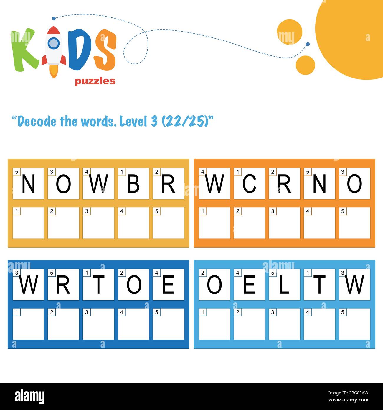 Décoder les mots de 5 lettres. Pratique sur les feuilles de travail pour les enfants d'âge préscolaire, élémentaire et intermédiaire. Fiche d'activité du puzzle logique amusant. Illustration de Vecteur