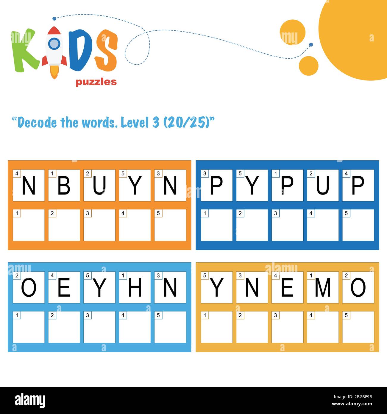 Décoder les mots de 5 lettres. Pratique sur les feuilles de travail pour les enfants d'âge préscolaire, élémentaire et intermédiaire. Fiche d'activité du puzzle logique amusant. Illustration de Vecteur