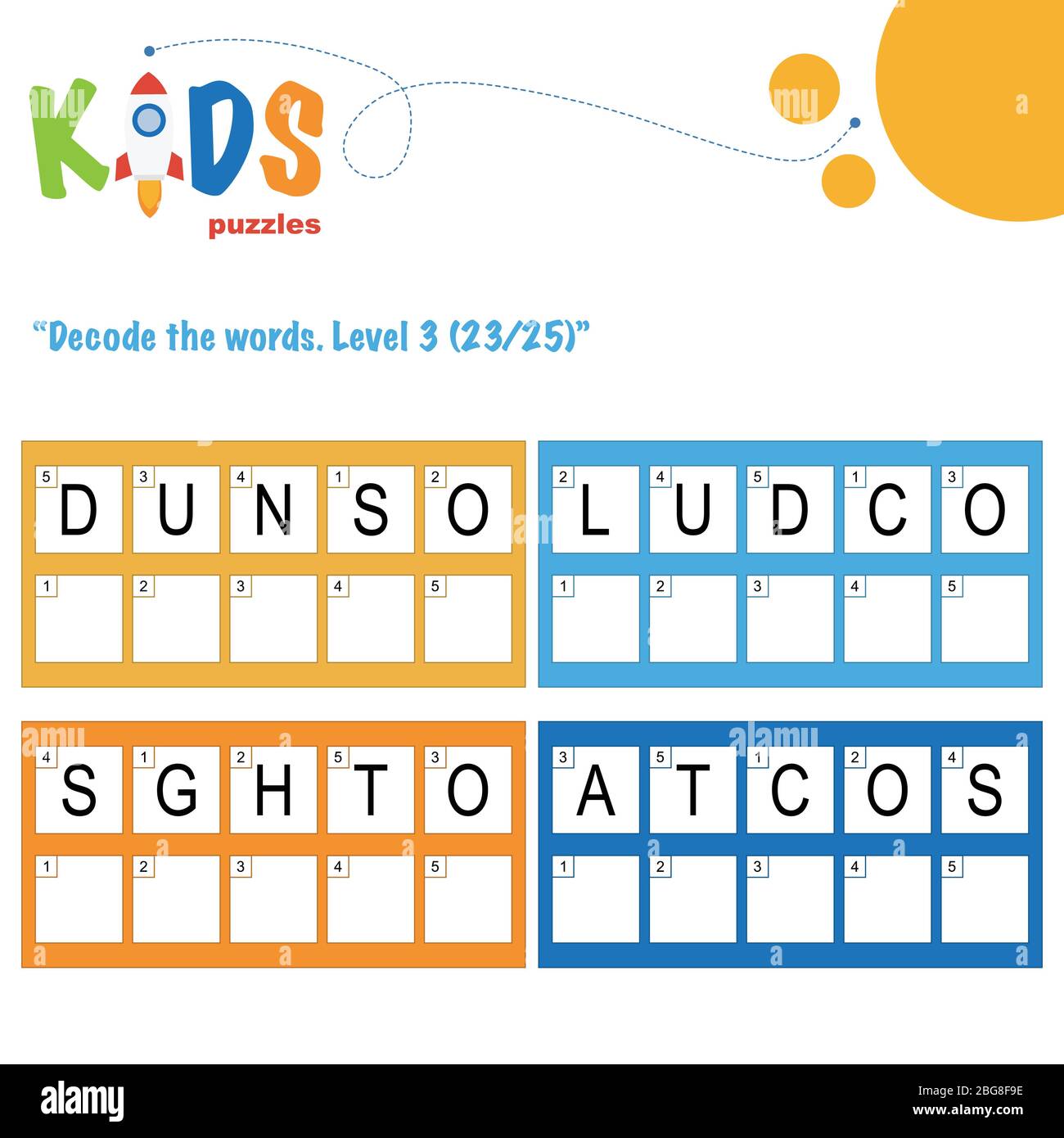 Décoder les mots de 5 lettres. Pratique sur les feuilles de travail pour les enfants d'âge préscolaire, élémentaire et intermédiaire. Fiche d'activité du puzzle logique amusant. Illustration de Vecteur