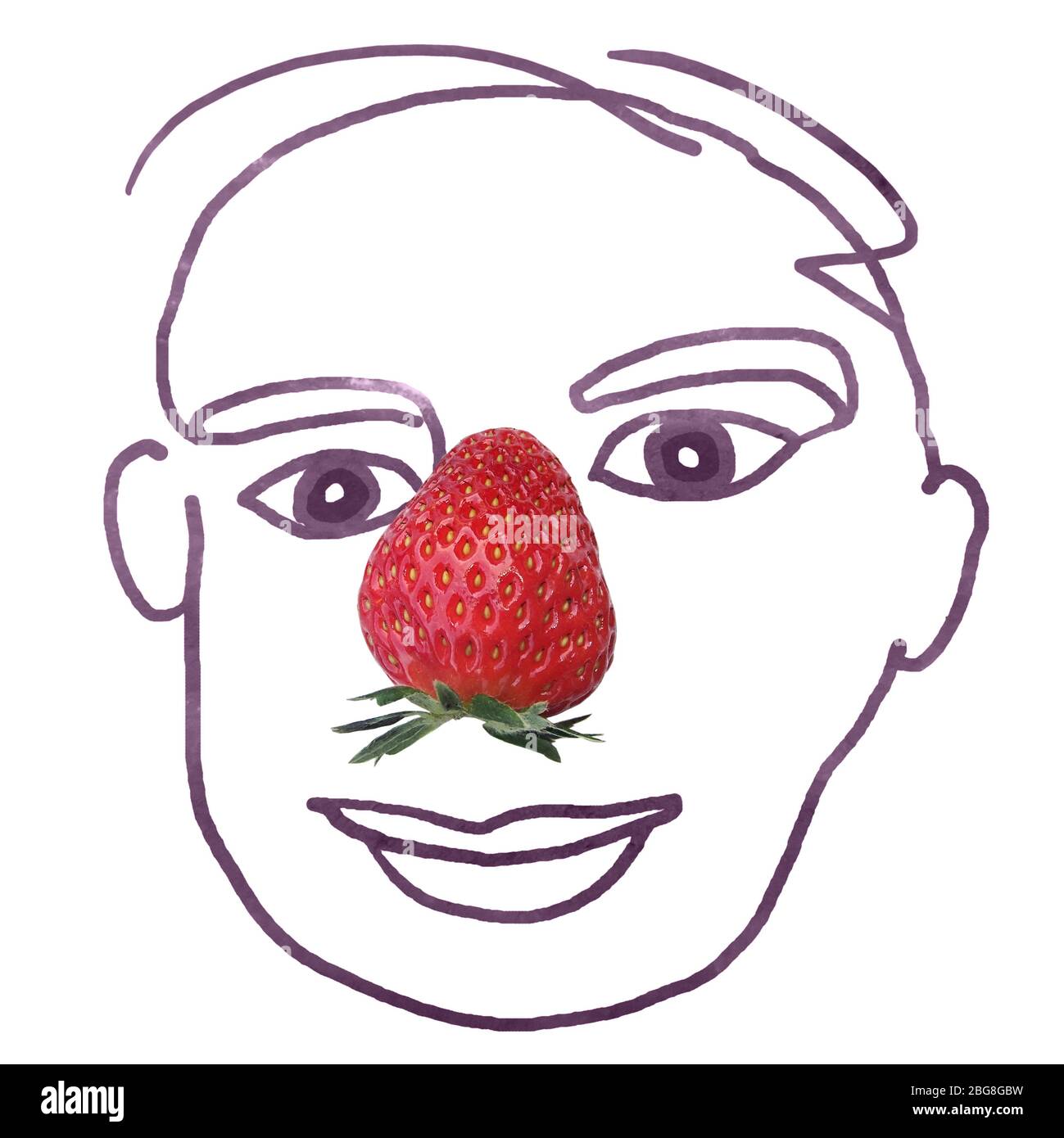 Visage humain marrant dessiné à la main avec photo de fraise pour le nez Banque D'Images