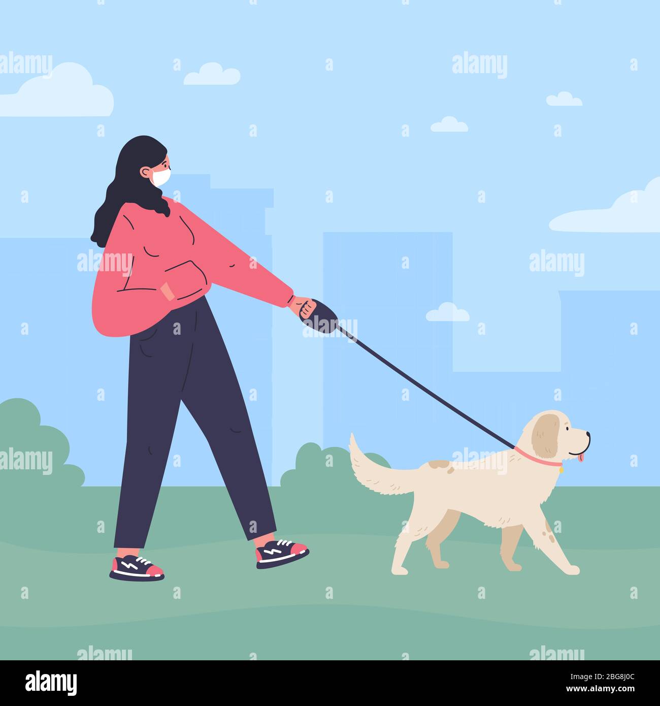 Femme dans le masque blanc marchant un chien Illustration de Vecteur