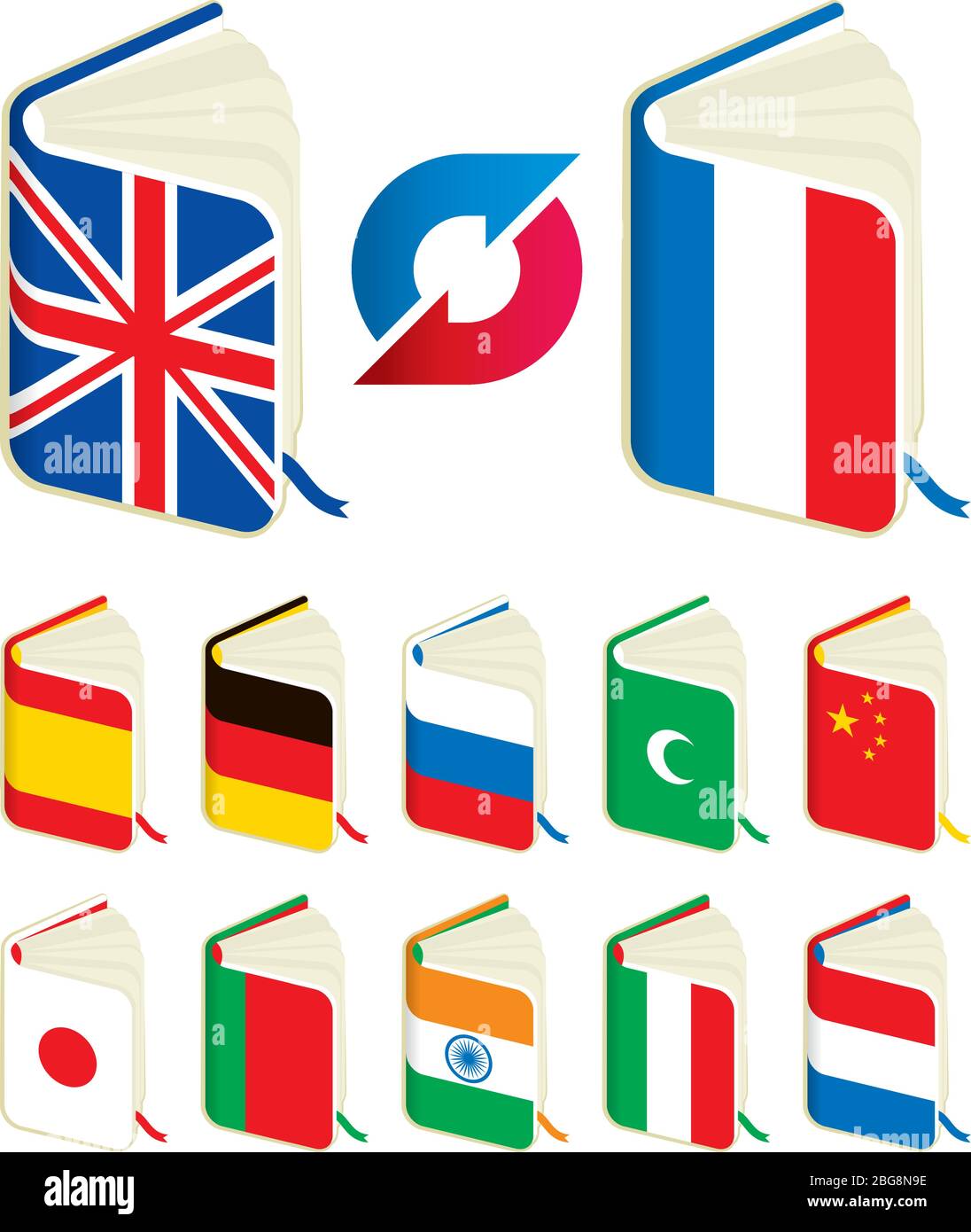 Vector illustration. Translate livre d'icônes. Les drapeaux sur douze livres ouverts Illustration de Vecteur