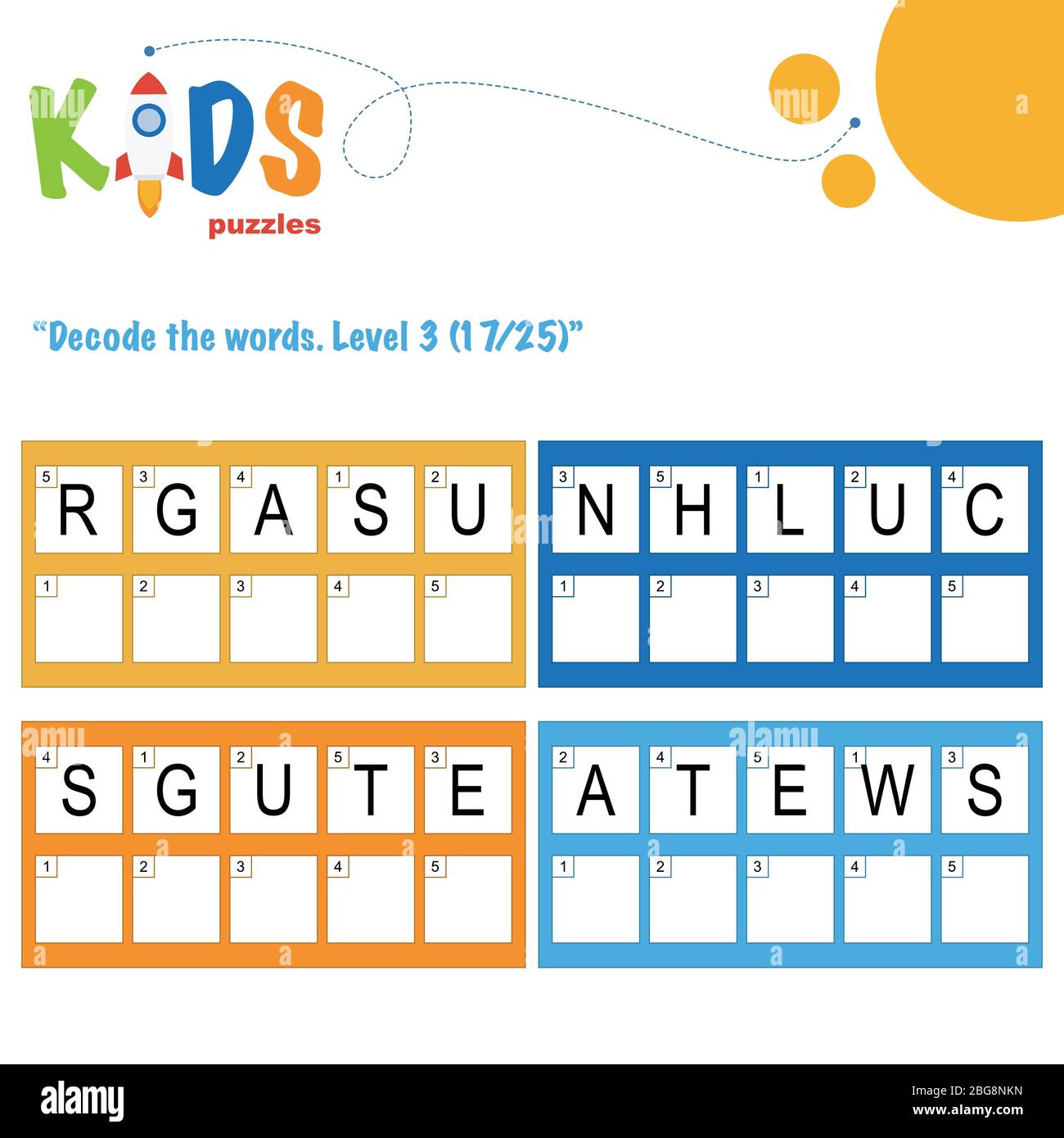 Décoder les mots de 5 lettres. Pratique sur les feuilles de travail pour les enfants d'âge préscolaire, élémentaire et intermédiaire. Fiche d'activité du puzzle logique amusant. Illustration de Vecteur