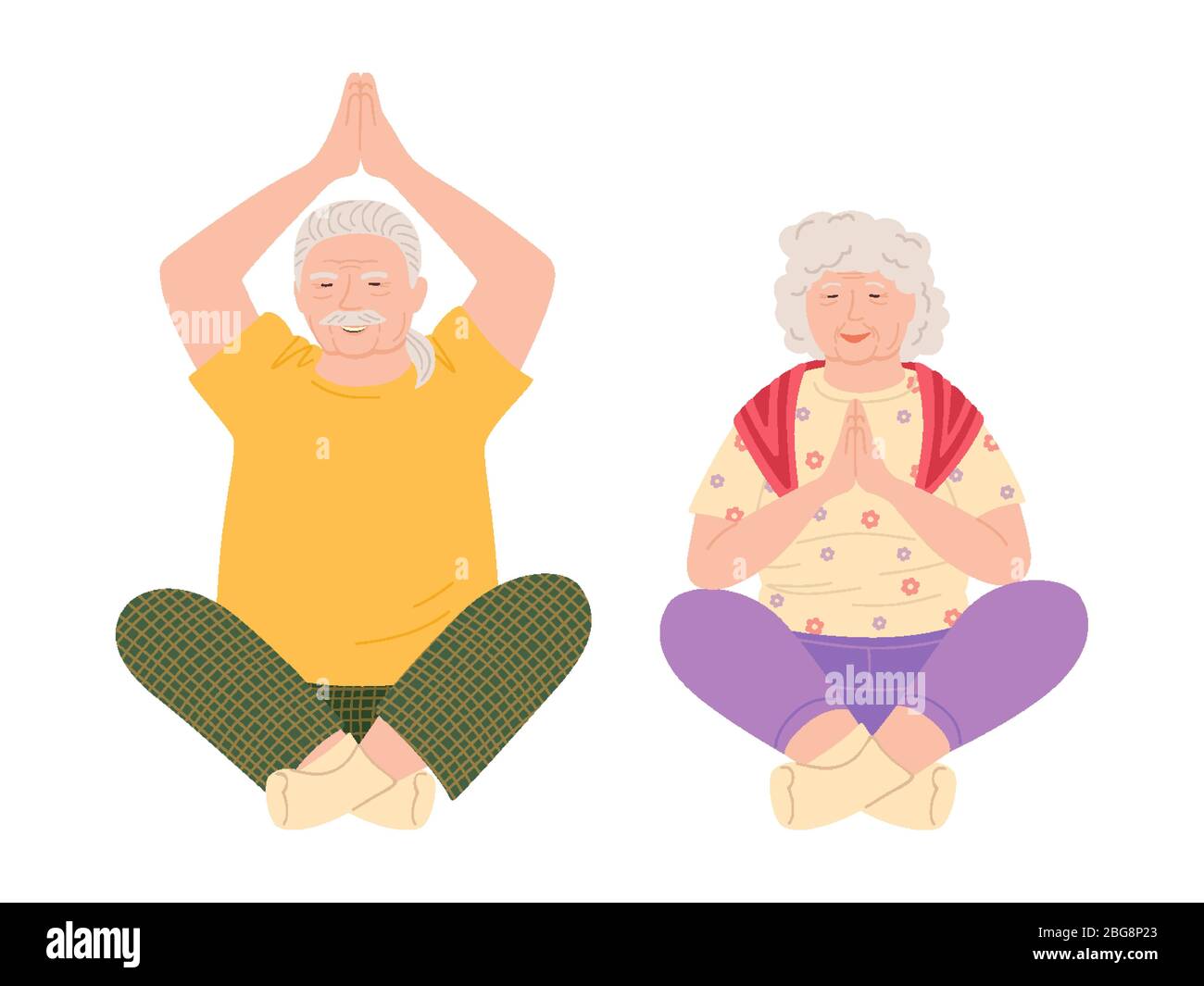 Les hommes et les femmes âgés font du dessin animé de yoga. Vie active saine personnes âgées. Activités d'été, exercices. Deux aînés font du sport. Les personnes âgées font des exercices matinaux. Illustration vectorielle. Illustration de Vecteur