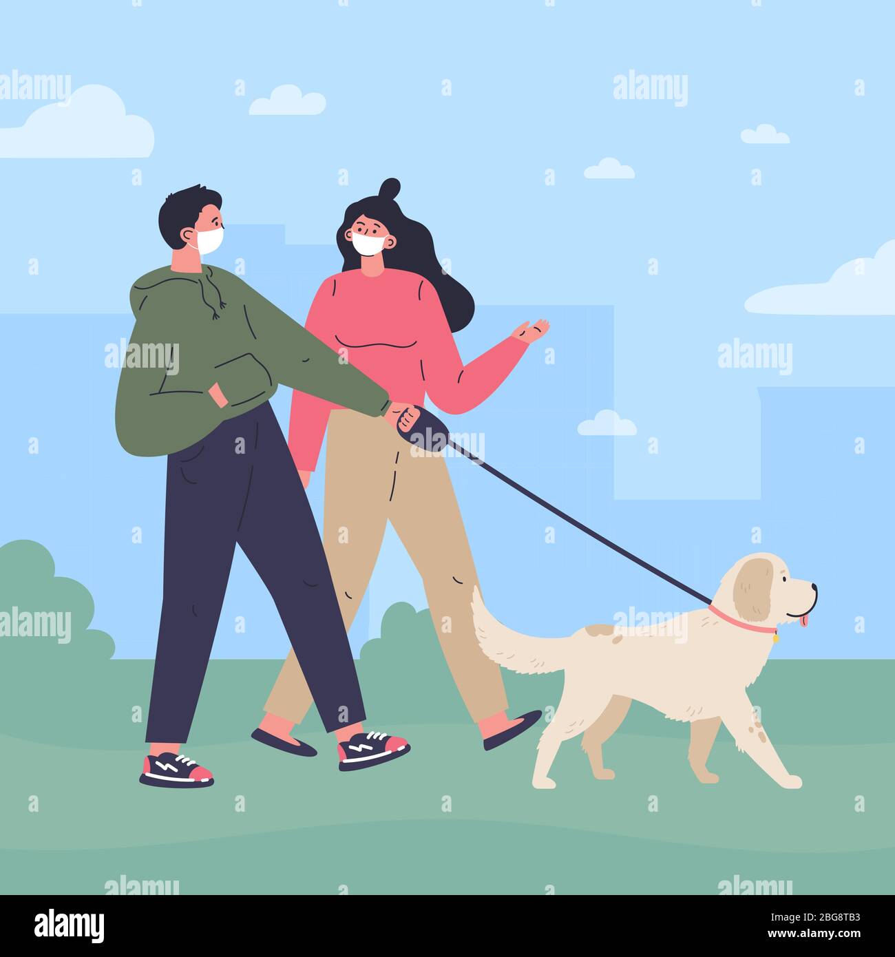 Couple en masque blanc marchant un chien Illustration de Vecteur