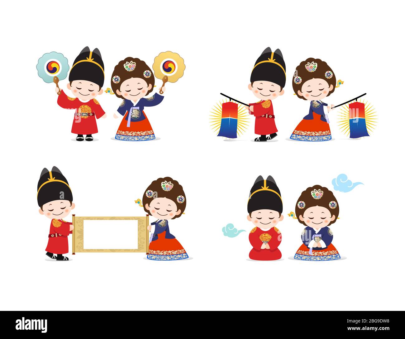 Enfants coréens à Hanbok pendant la dynastie Joseon, roi et reine Illustration de Vecteur