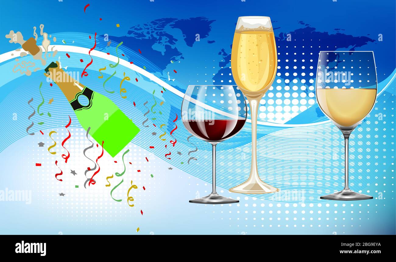 différents types de verre à vin avec bouteille de champagne Illustration de Vecteur