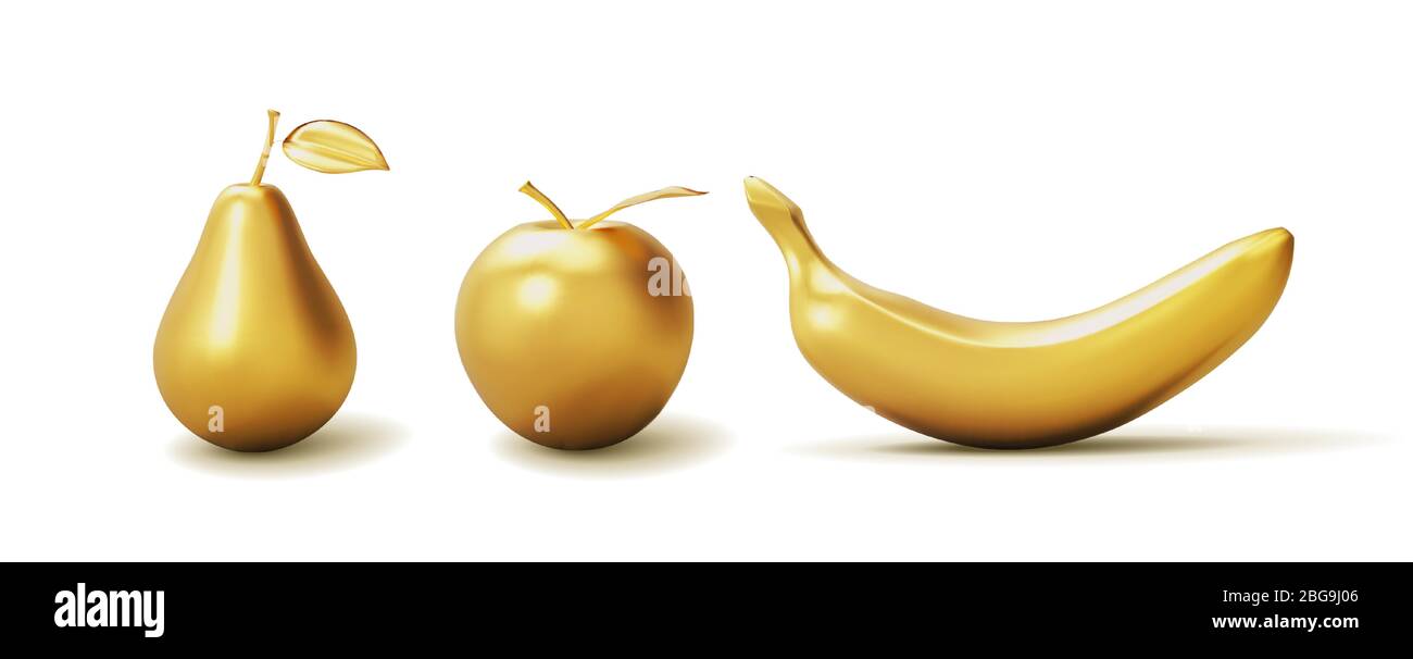 Placez une banane dorée réaliste, une pomme et une poire isolées sur fond blanc. Modèle tridimensionnel pour les produits, la publicité, les bannières Web, les dépliants. Vecteur Illustration de Vecteur