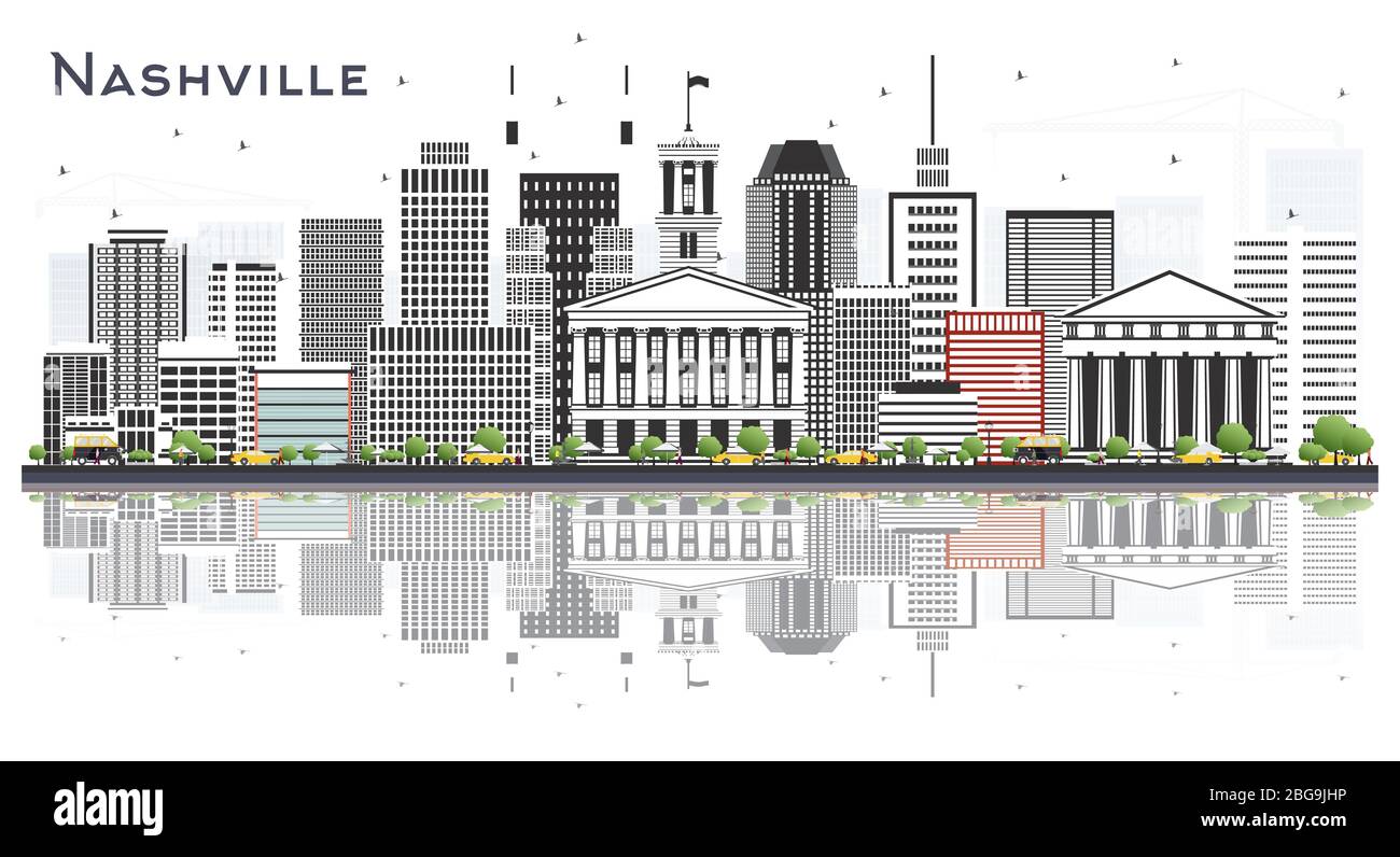 Nashville Tennessee City Skyline avec bâtiments couleur et réflexions isolés sur le blanc. Illustration vectorielle. Illustration de Vecteur