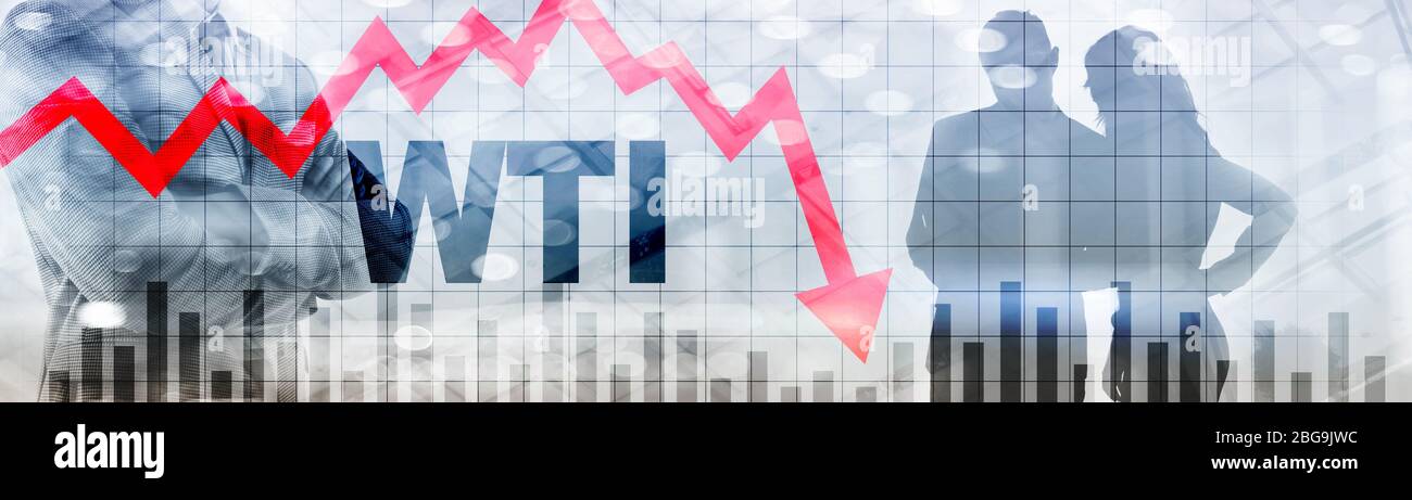 Chute du prix d'un baril de pétrole brut WTI 2020. Flèche rouge vers le bas Banque D'Images