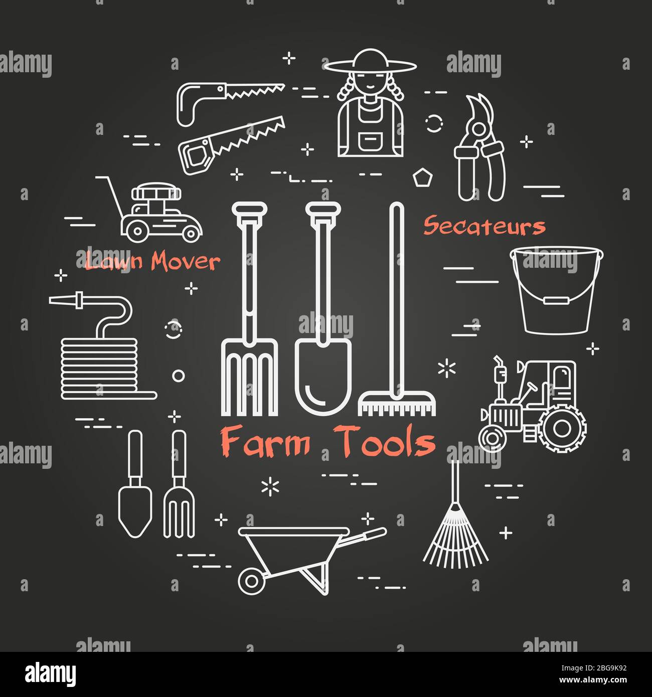 Jardinage et agriculture noires linéaires vectoriels - agriculteurs Outils Illustration de Vecteur