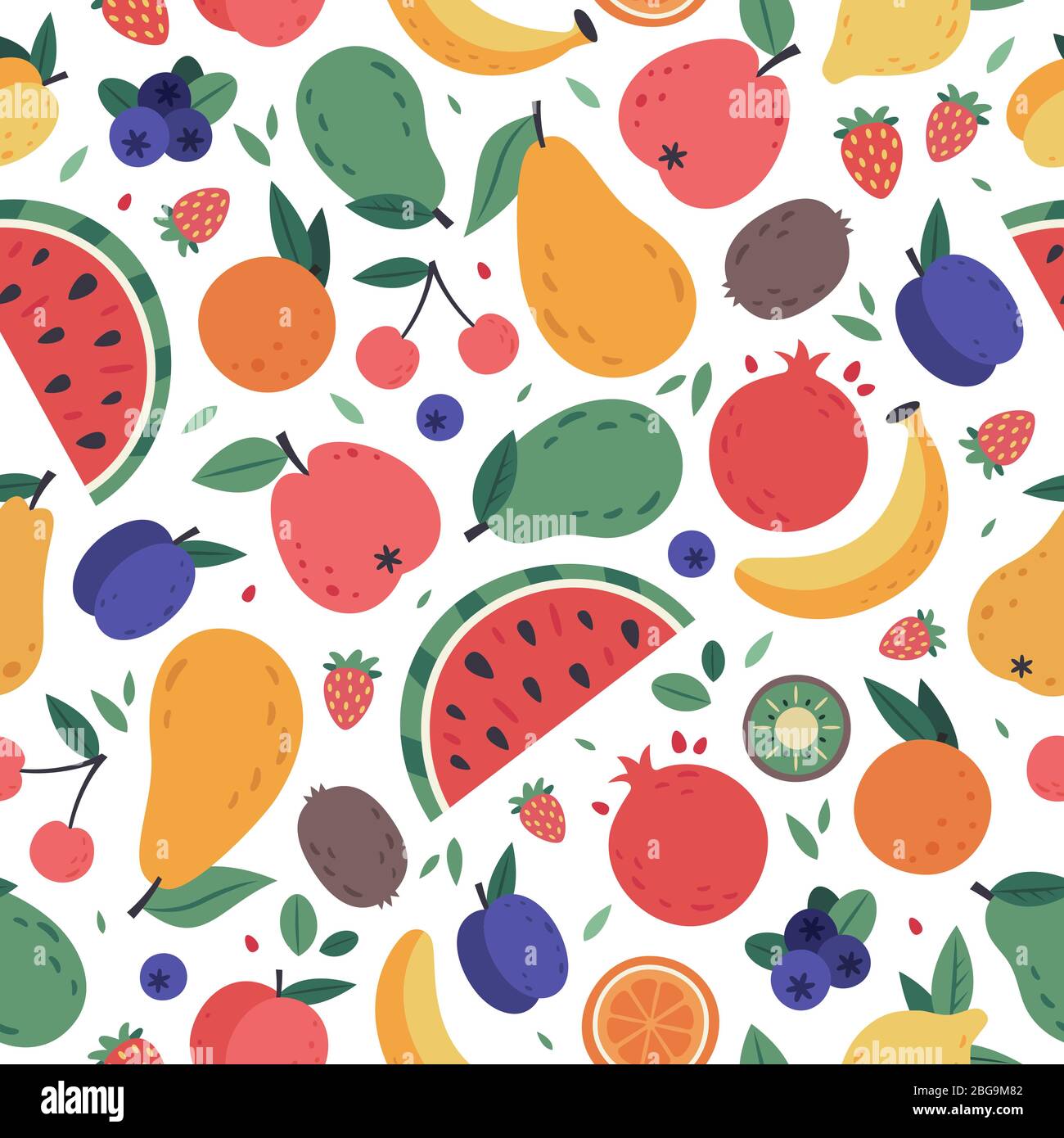 Fruits sans couture. Fruits à doiche tirés à la main, papier d'emballage, tissu végétalien ou menu végétarien, pastèque, mangue, banane et fraise Illustration de Vecteur