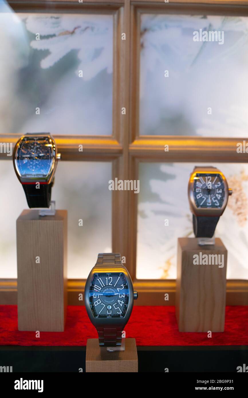 Genève, Suisse, mars 2020 Franck Muller montre, vitrelle boutique avec montres mécaniques à la mode, maître des complications Banque D'Images