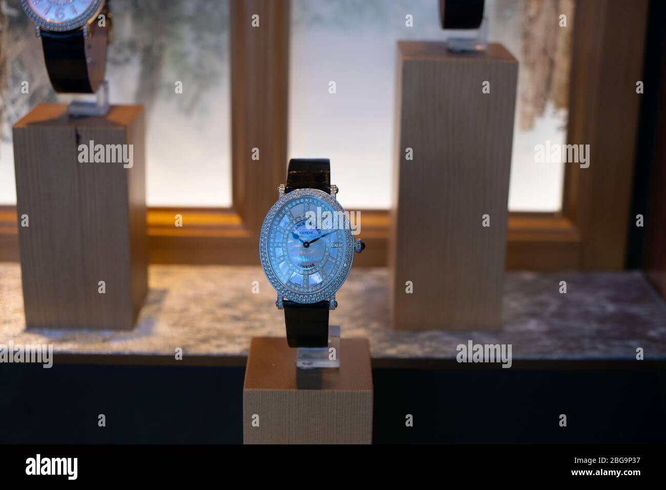 Genève, Suisse, mars 2020 Franck Muller montre, vitrelle boutique avec montres mécaniques à la mode, maître des complications Banque D'Images