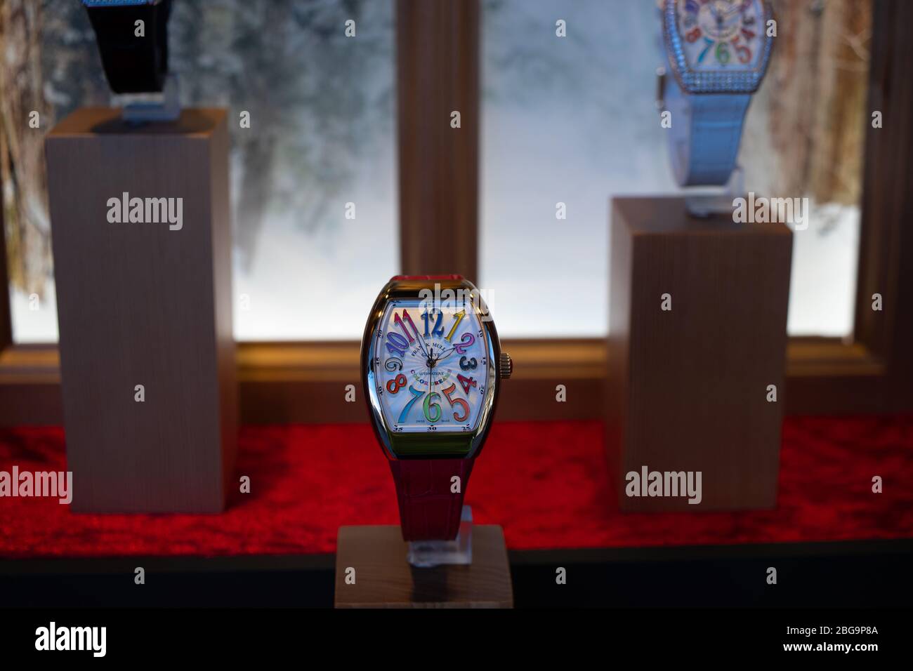 Genève, Suisse, mars 2020 Franck Muller montre, vitrelle boutique avec montres mécaniques à la mode, maître des complications Banque D'Images