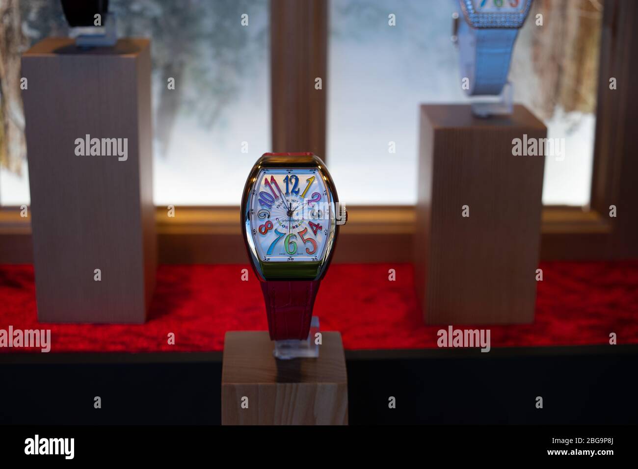 Genève, Suisse, mars 2020 Franck Muller montre, vitrelle boutique avec montres mécaniques à la mode, maître des complications Banque D'Images