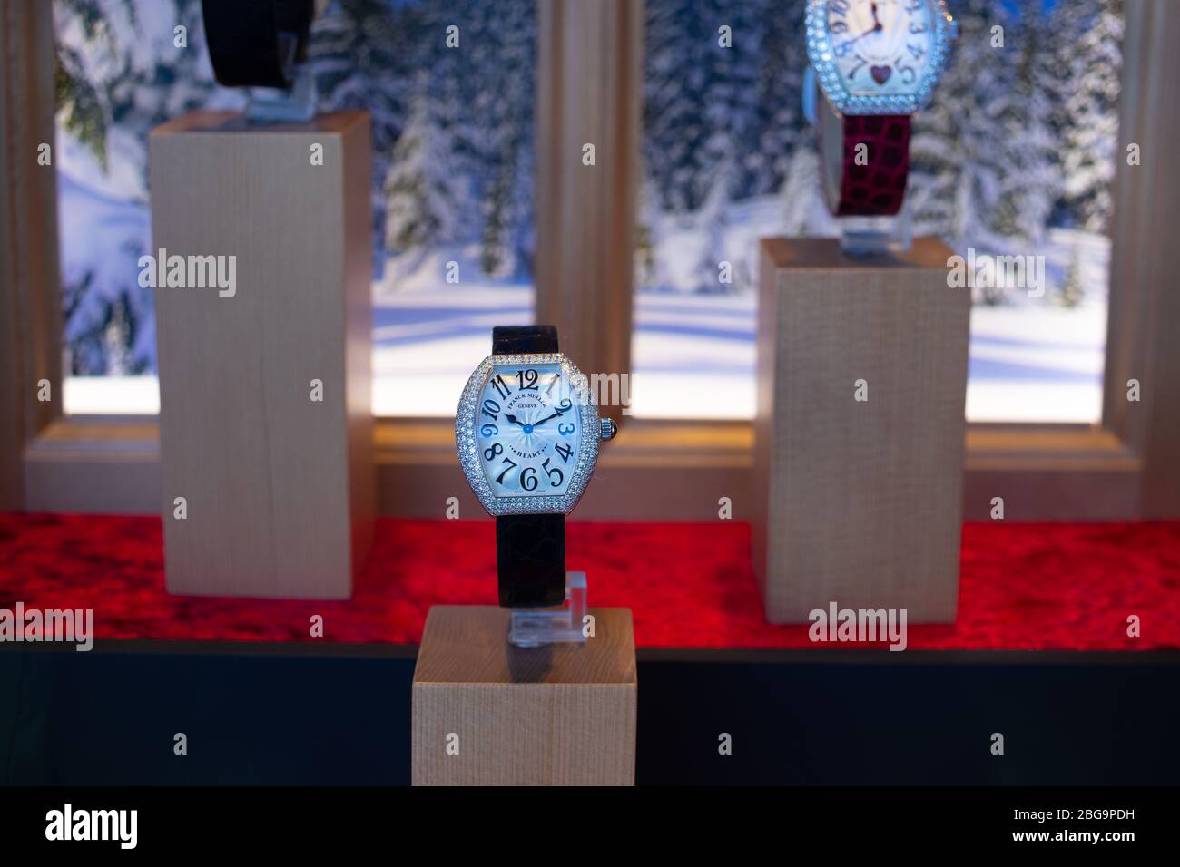Genève, Suisse, mars 2020 Franck Muller montre, vitrelle boutique avec montres mécaniques à la mode, maître des complications Banque D'Images