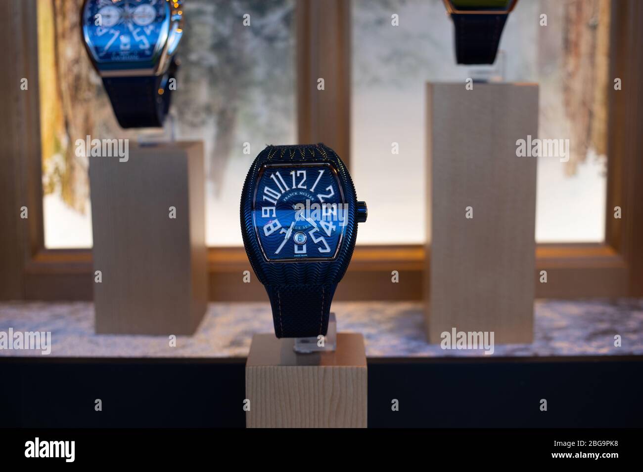 Genève, Suisse, mars 2020 Franck Muller montre, vitrelle boutique avec montres mécaniques à la mode, maître des complications Banque D'Images