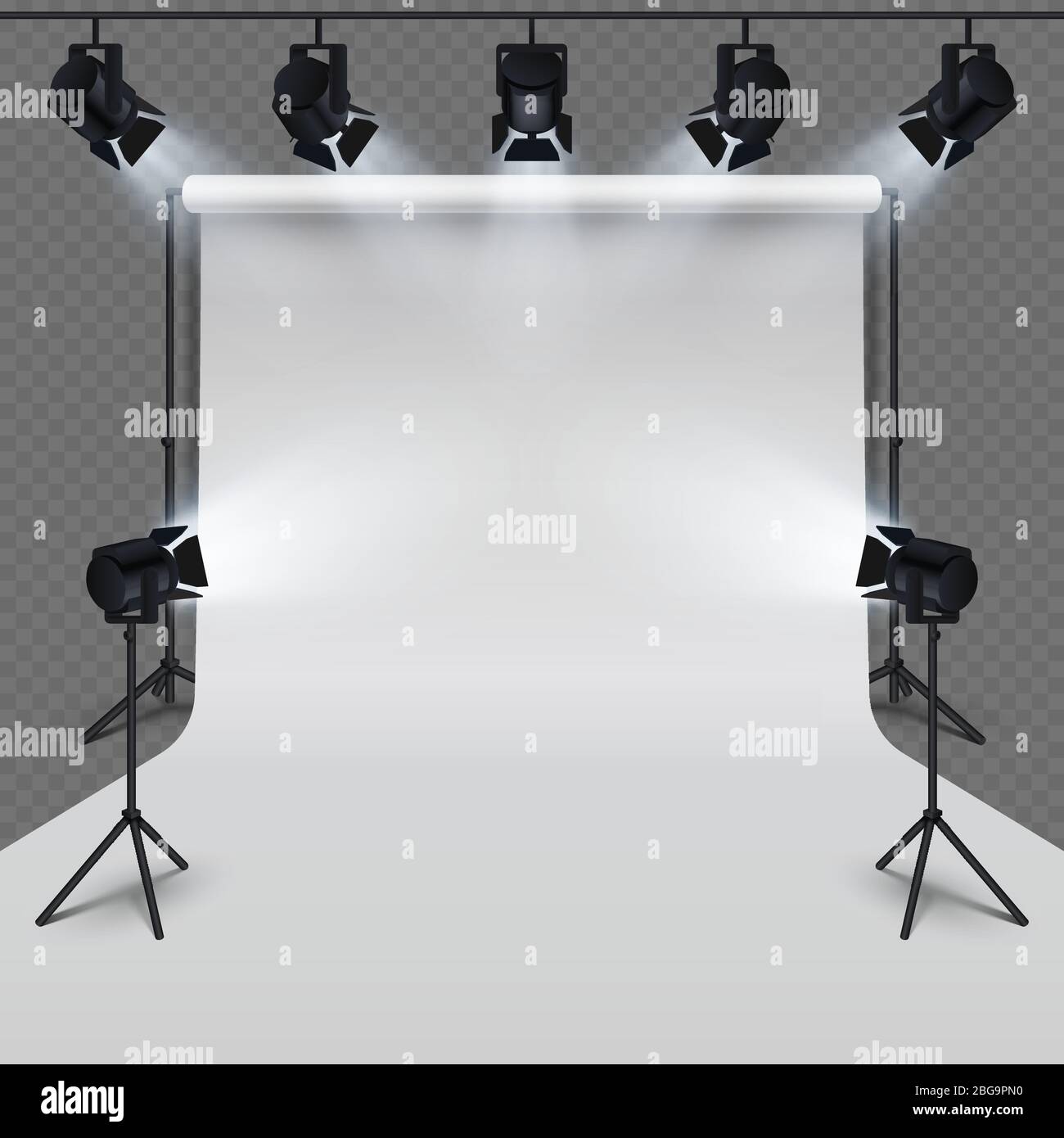 Equipement d'éclairage et studio de photographie professionnel blanc blanc isolé sur fond transparent. Illustration vectorielle Illustration de Vecteur