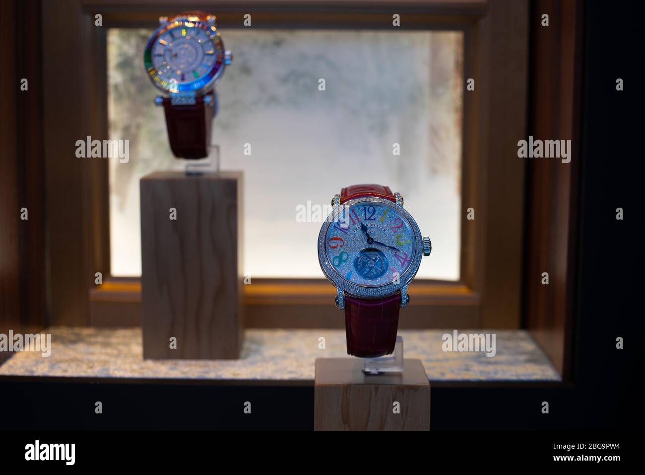 Genève, Suisse, mars 2020 Franck Muller montre, vitrelle boutique avec montres mécaniques à la mode, maître des complications Banque D'Images