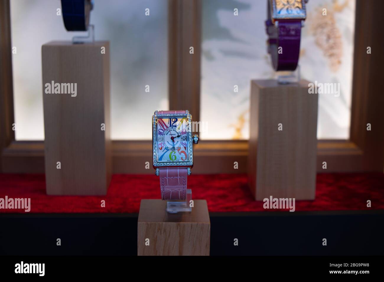 Genève, Suisse, mars 2020 Franck Muller montre, vitrelle boutique avec montres mécaniques à la mode, maître des complications Banque D'Images