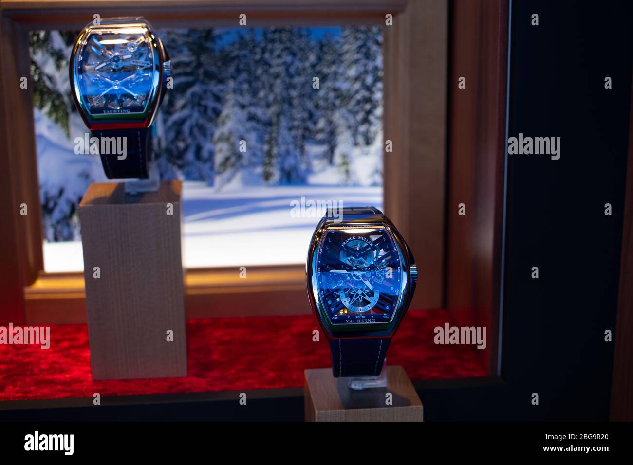 Genève, Suisse, mars 2020 Franck Muller montre, vitrelle boutique avec montres mécaniques à la mode, maître des complications Banque D'Images