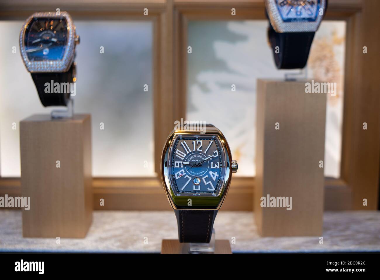 Genève, Suisse, mars 2020 Franck Muller montre, vitrelle boutique avec montres mécaniques à la mode, maître des complications Banque D'Images