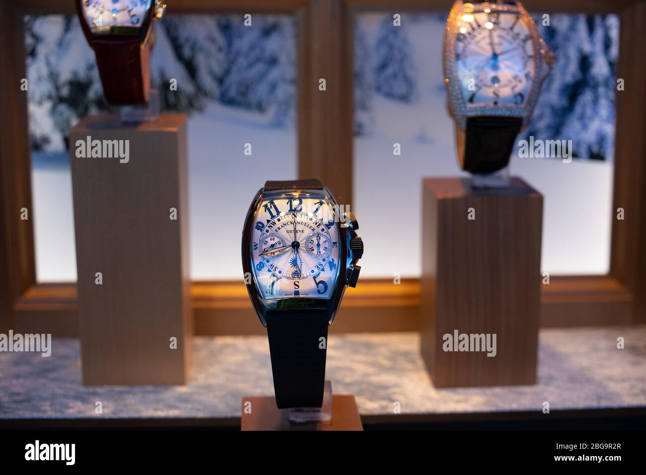 Genève, Suisse, mars 2020 Franck Muller montre, vitrelle boutique avec montres mécaniques à la mode, maître des complications Banque D'Images