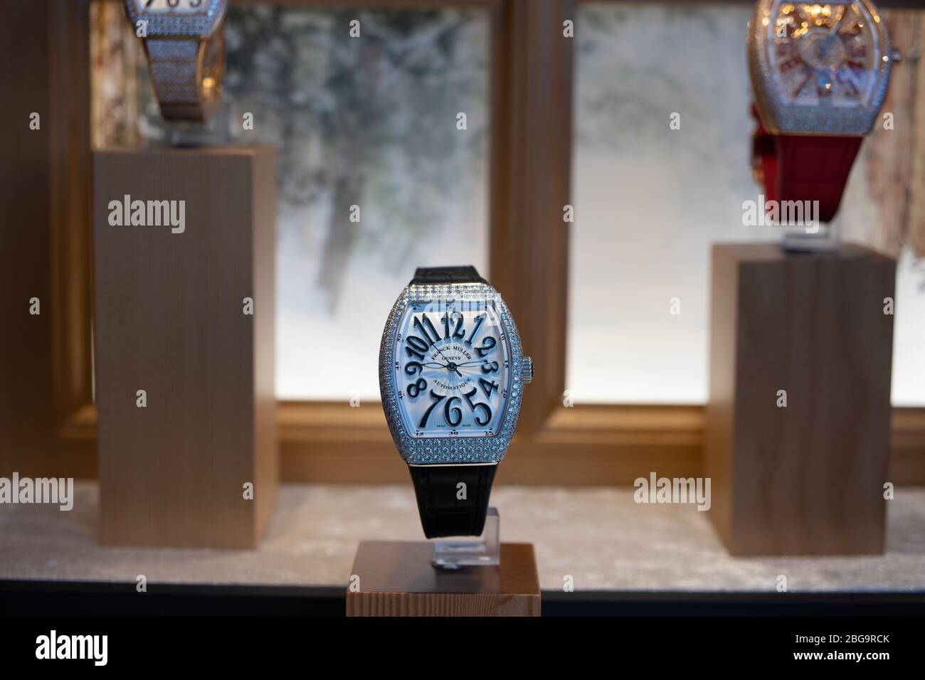 Genève, Suisse, mars 2020 Franck Muller montre, vitrelle boutique avec montres mécaniques à la mode, maître des complications Banque D'Images
