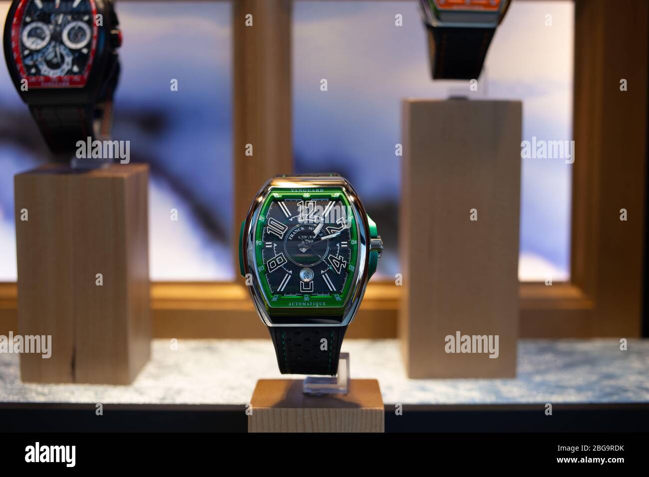 Genève, Suisse, mars 2020 Franck Muller montre, vitrelle boutique avec montres mécaniques à la mode, maître des complications Banque D'Images