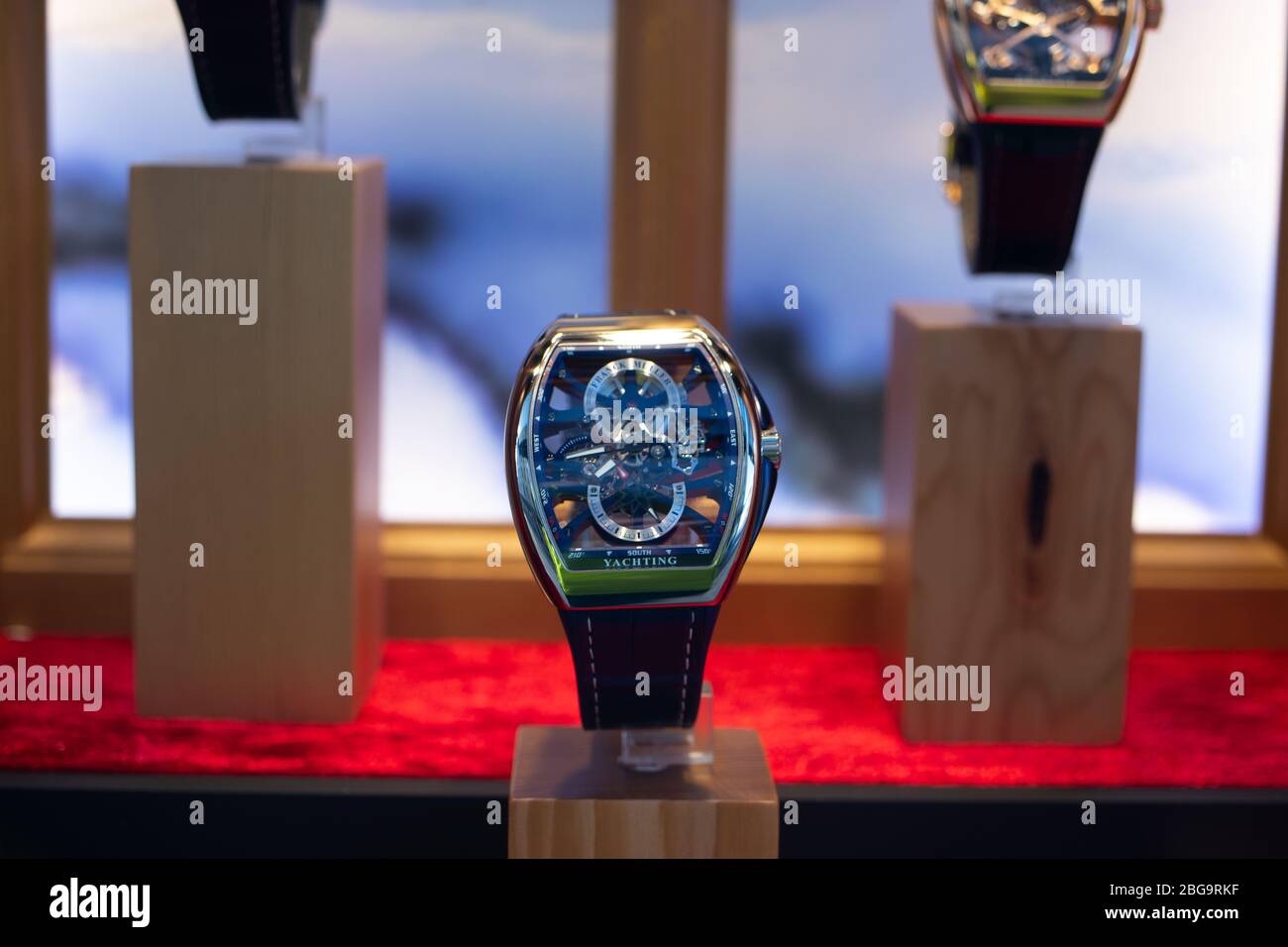 Genève, Suisse, mars 2020 Franck Muller montre, vitrelle boutique avec montres mécaniques à la mode, maître des complications Banque D'Images